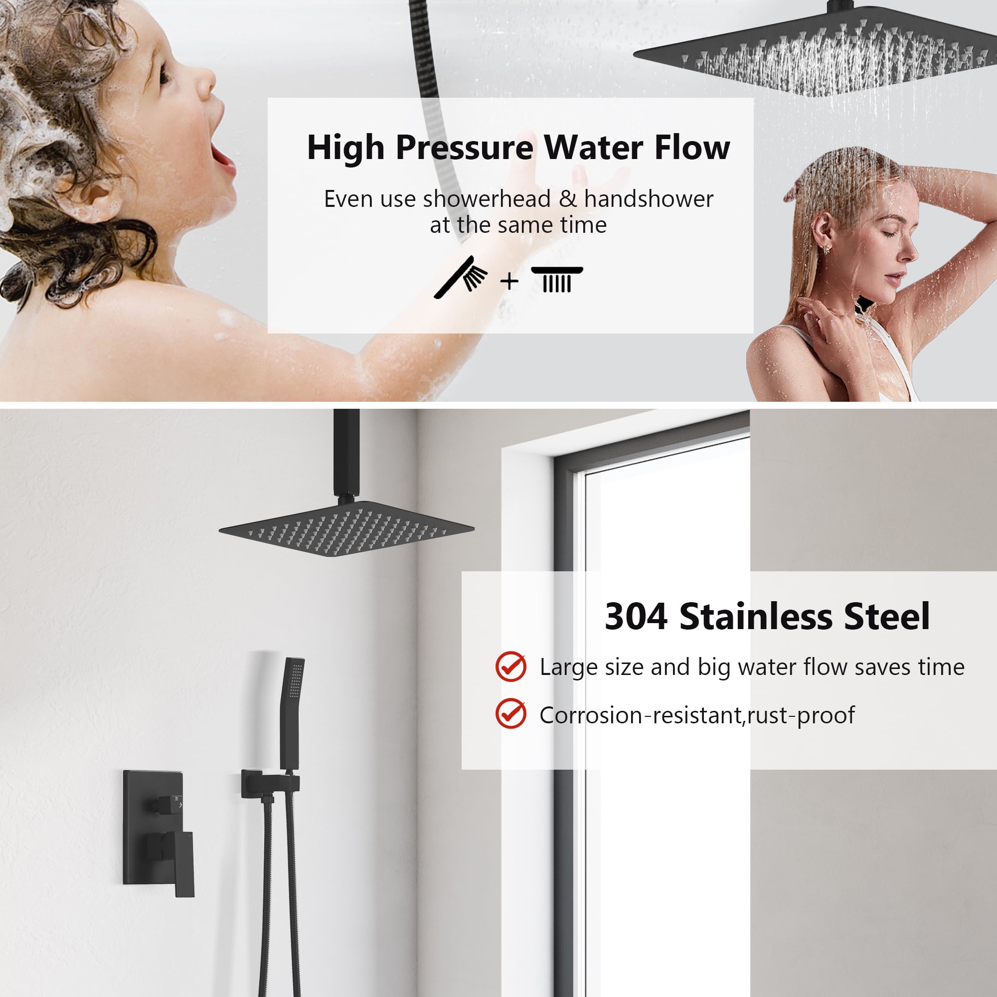10 Inch Bathroom Luxury Rain Mixer Complete Combo Set Ceiling-Mounted Rainfall Shower Head and Handle System