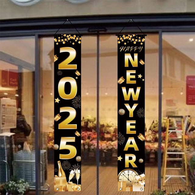Decoraciones de pancartas de feliz año nuevo negras - Decoraciones de pancartas de feliz año nuevo para fiestas para hombres, niños y mujeres (72 x 12 pulgadas)