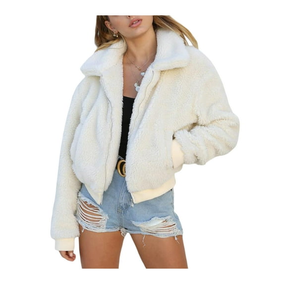 Douhoow Women Thick Warm Teddy Bear Coat Fleece Jacket Solid Color Zipper Outwear