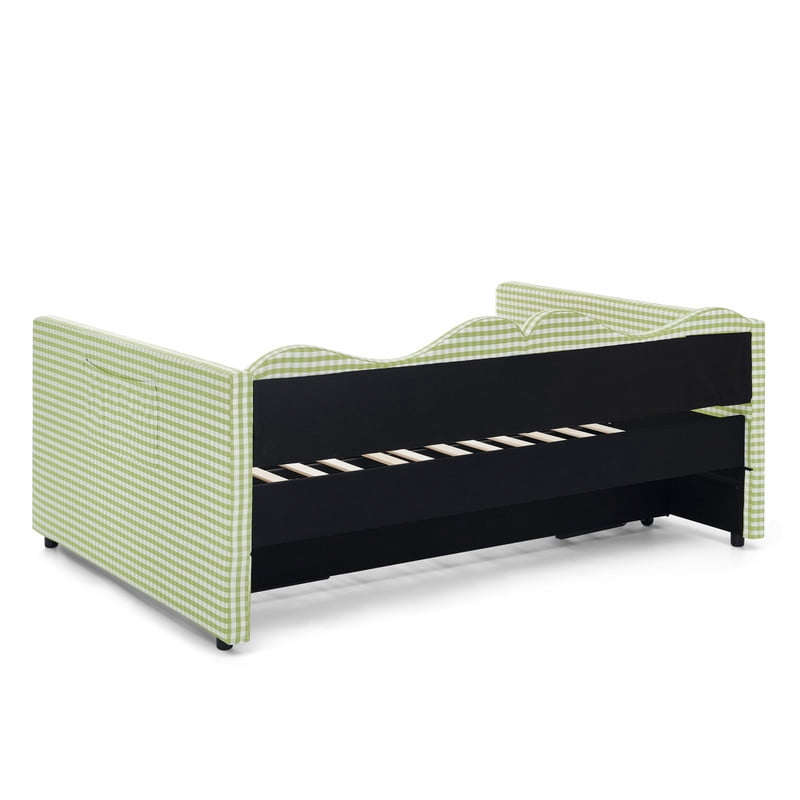 Full Size Gingham Daybed with Trundle, Upholstered Day Bed Frame with Side Storage Pocket & Wave-Shaped Backrest, Modern Sofa Bed for Living Room, Bedroom, No Box Spring Needed