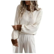 REORIAFEE Womens Sweaters Pullover Knit Jumper Tops Trendy Sweater Causal Long Sleeve Knit Autumn Round Neck Sweater Beige L