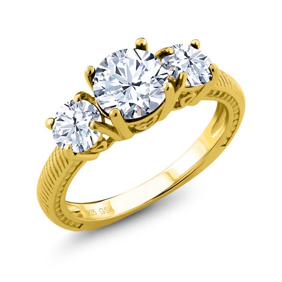 Gem Stone King 2.90 Ct Round White Topaz 18K Yellow Gold Plated Silver 3 Stone Ring (Size 5)