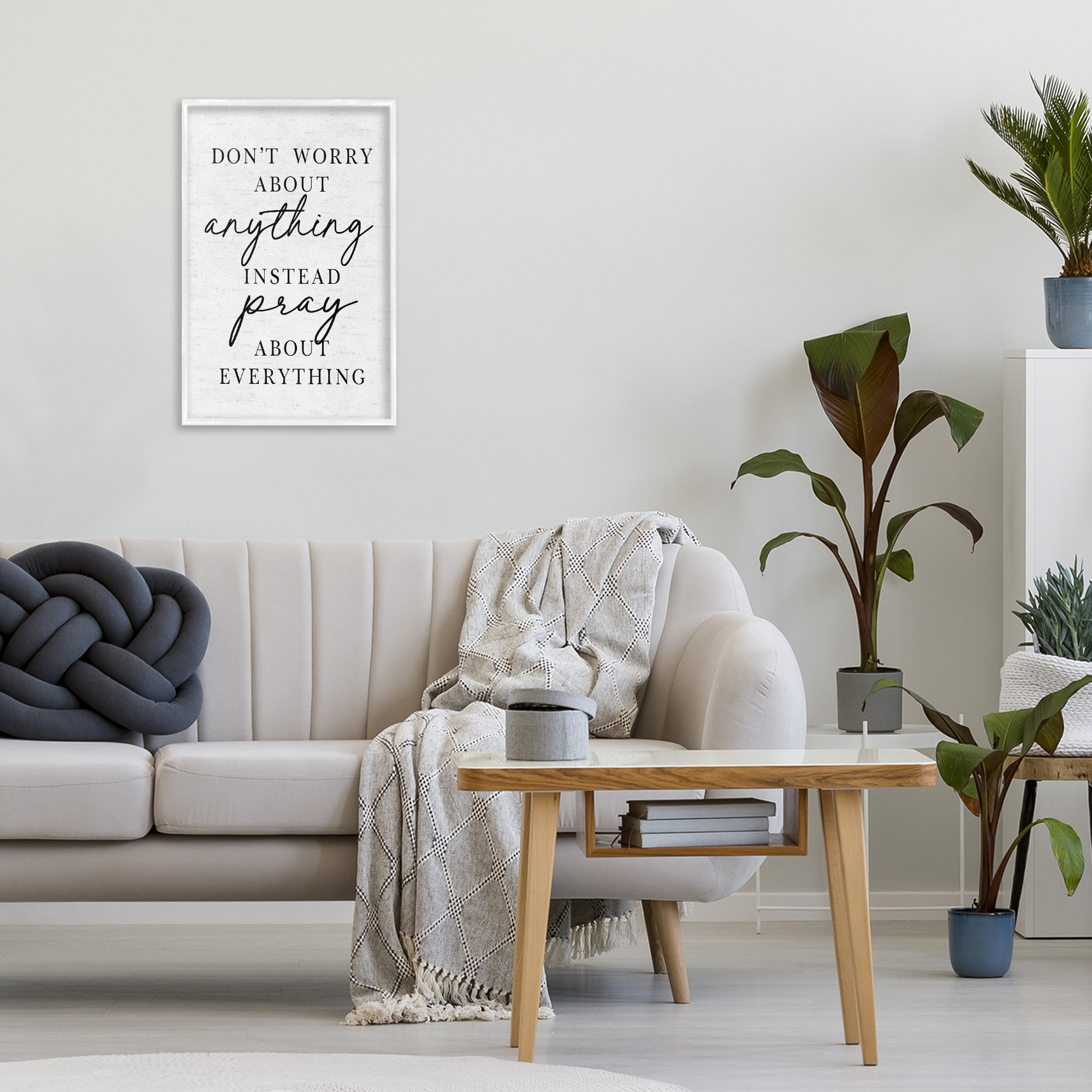 Pray Instead Of Worry White Framed Giclee Art, design by Lettered and Lined
