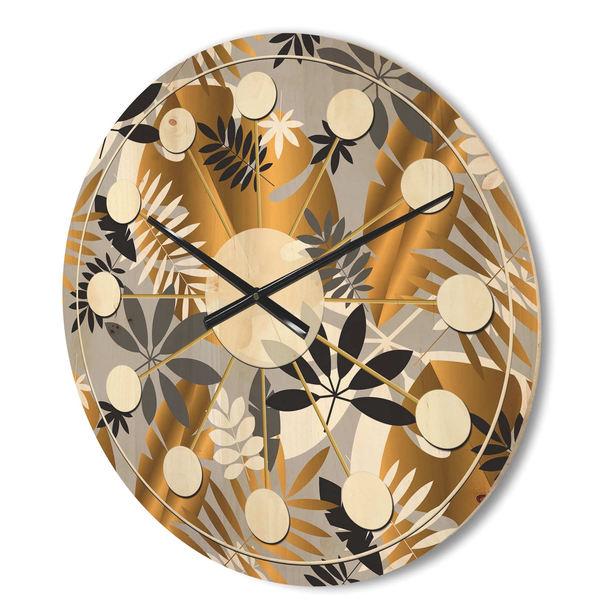 Designart 'Retro Geometric Luxury Jungle Foliage Pattern' Mid-Century Modern Wood Wall Clock