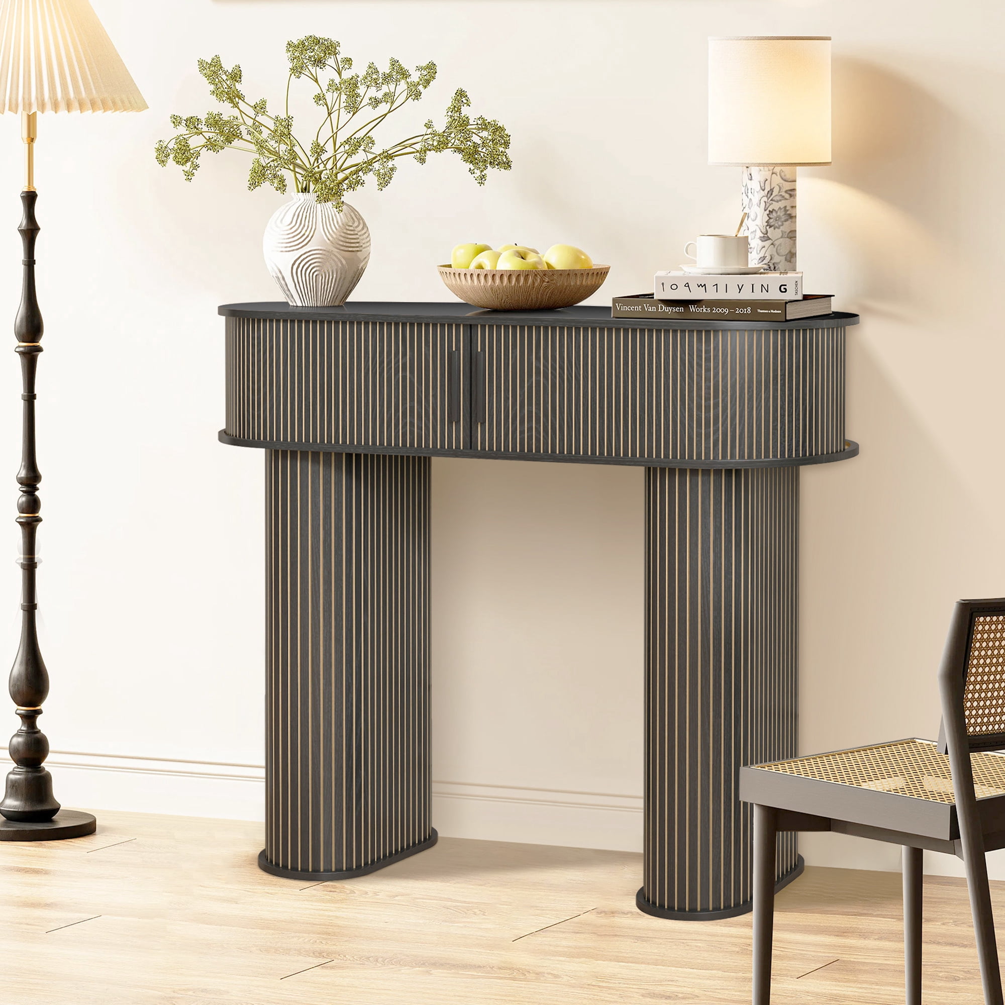 Furtivusia Console Table with Storage, Entryway Table with Sliding Door, Wood Sofa Table for Living Room, Foyer, Hallway, Black