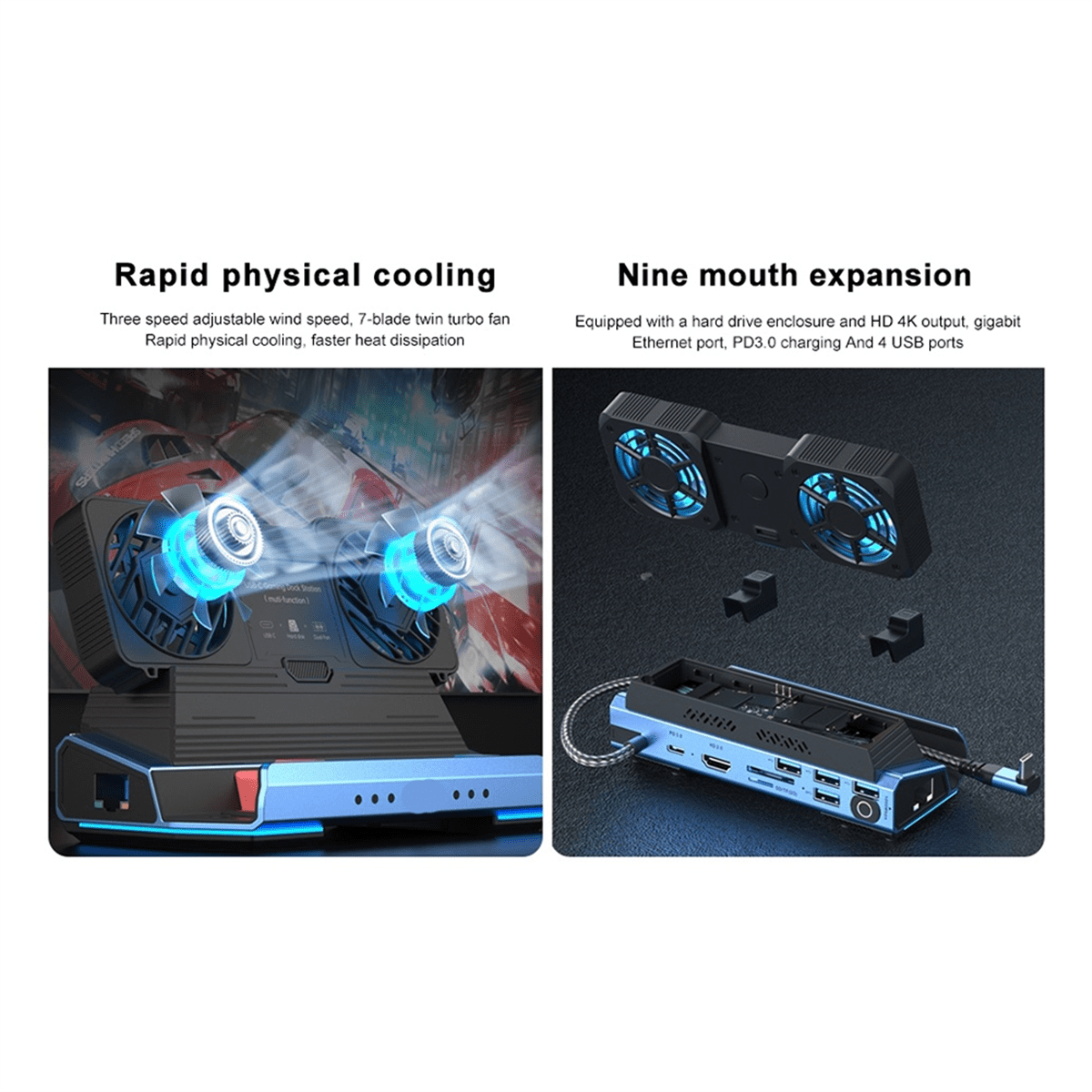 10-in-1 Type-C Game Docking Station for Steam DeckROG Ally/Switch M.2 PCie Nvme Hard Disk Box,USB C HUB 4K60HZ Dual Fan