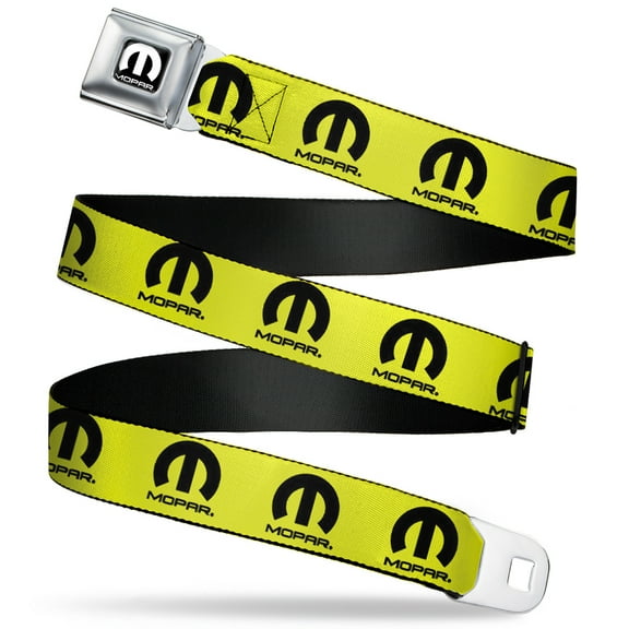 Mopar Belt, Seatbelt Buckle Belt, Mopar Logo Repeat Yellow Black, 30 to 44 Inches