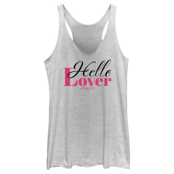 Women's Sex and the City Carrie Hello Lover Cursive  Racerback Tank Top White Heather Small