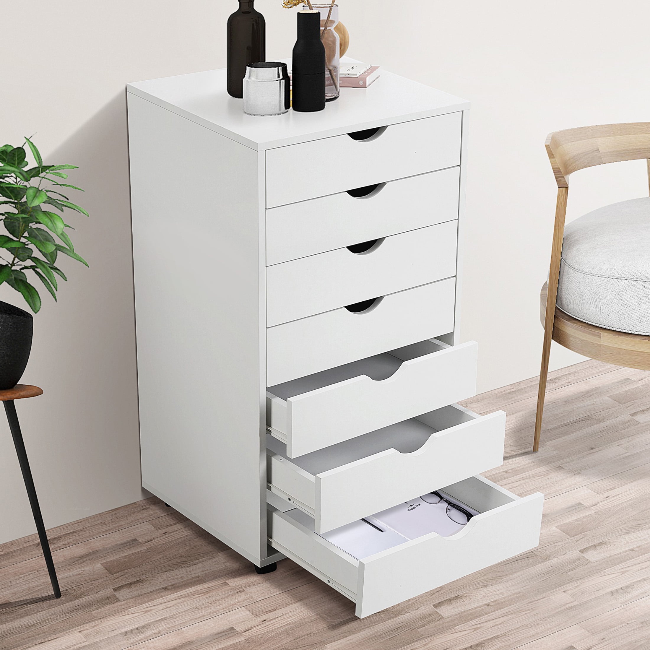 CONCETTA 7-Drawer File Cabinet, Lateral Filing Under Desk Storage Organizer with Wheels for Home Office, White