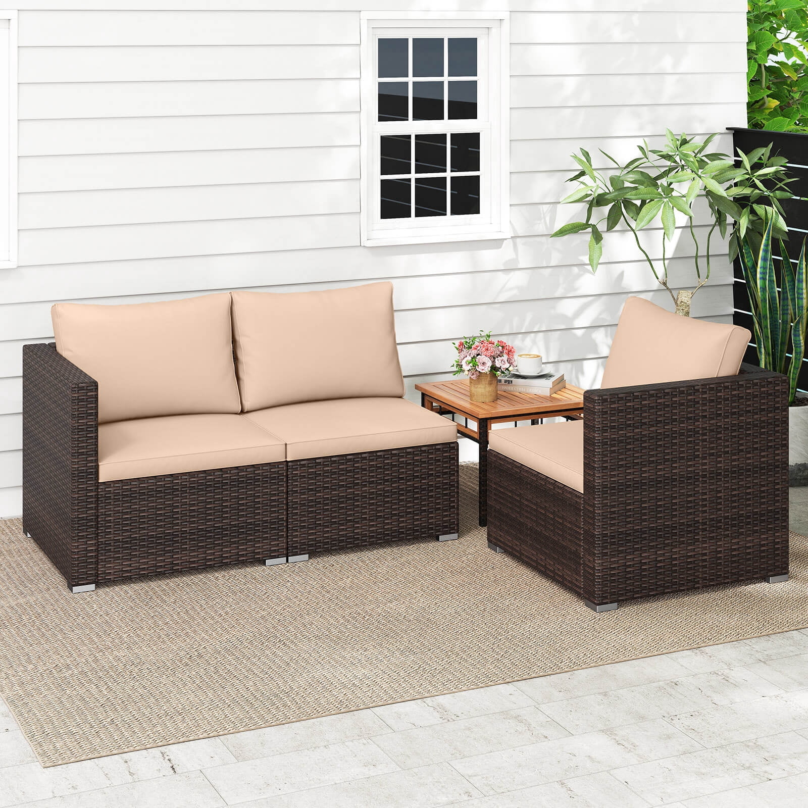 Costway 3PCS Patio Sectional Sofa Set with Right Arm Sofa & Left Arm Sofa, Soft Cushions Beige + Mix Brown
