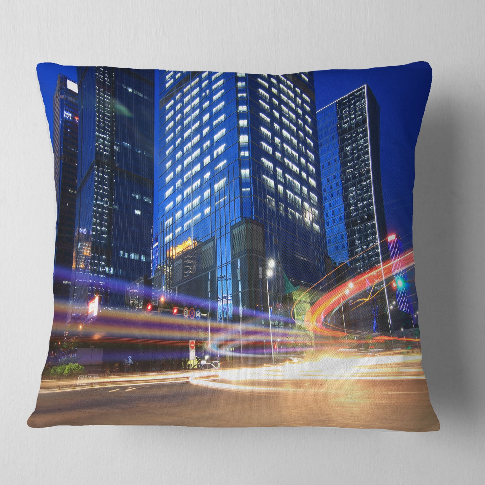 Designart Light Trails in Blue City - Cityscape Digital Throw Pillow - 16x16