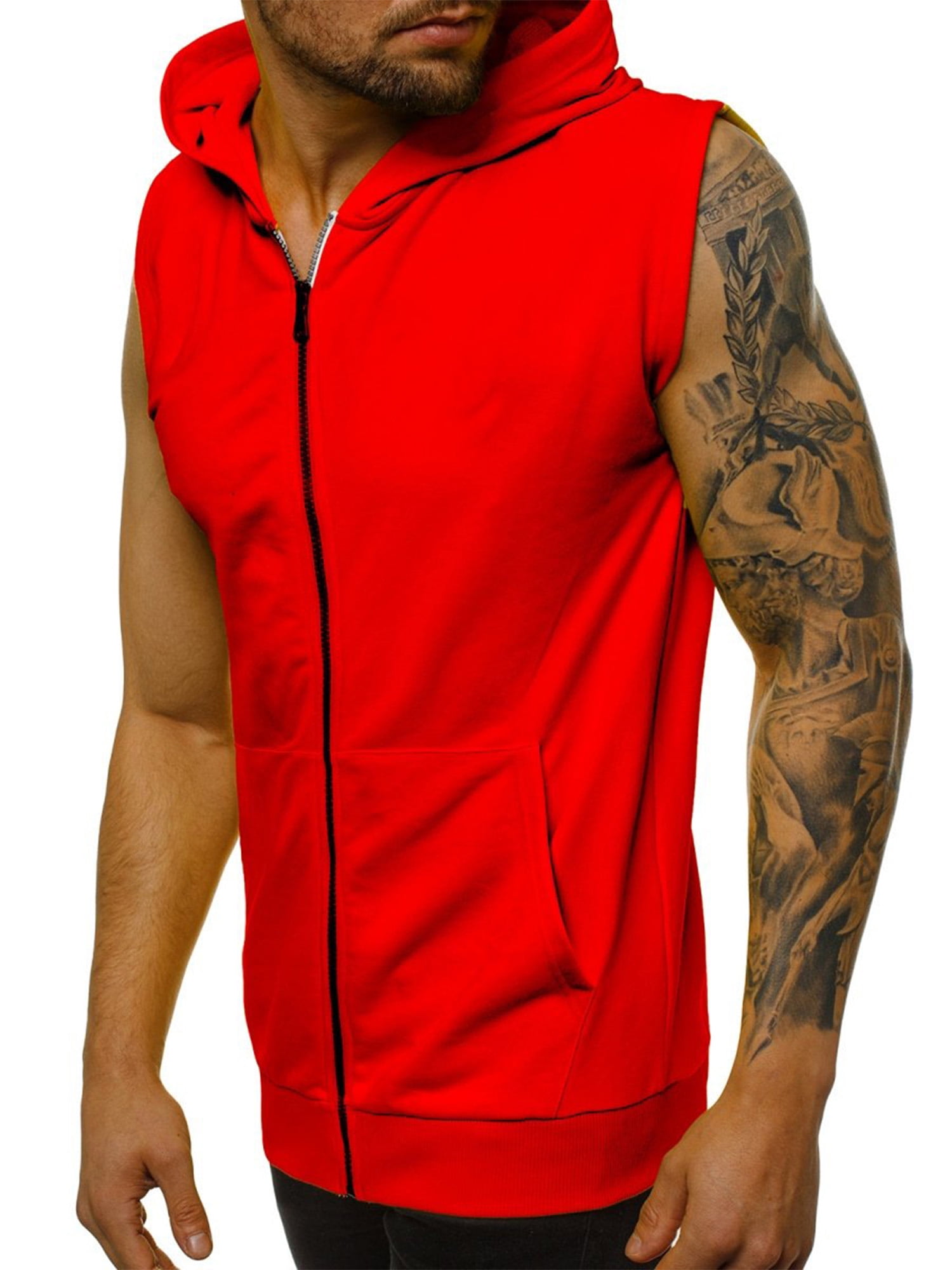 Men Sleeveless Hooded Sweatshirt Zipper Summer Drawstring Muscle Gym Vest Tops 