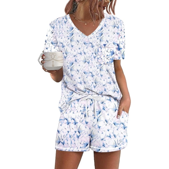 Ekouaer Women's Pajamas Sets Short Sleeve Lounge Sets Sleepwear Casual Two Piece Pjs with Pockets