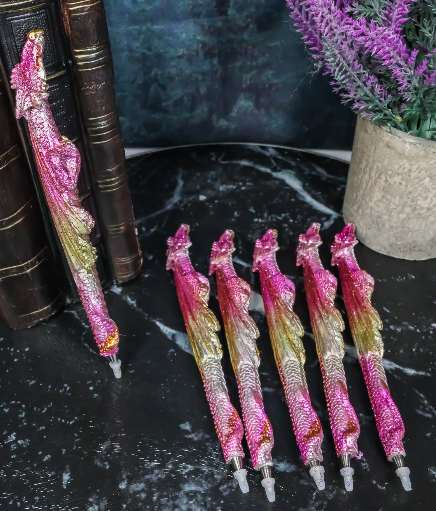 Pack Of 6 Fire Ink Glittered Metallic Pink And Gold Spirit Dragon Pen Figurines
