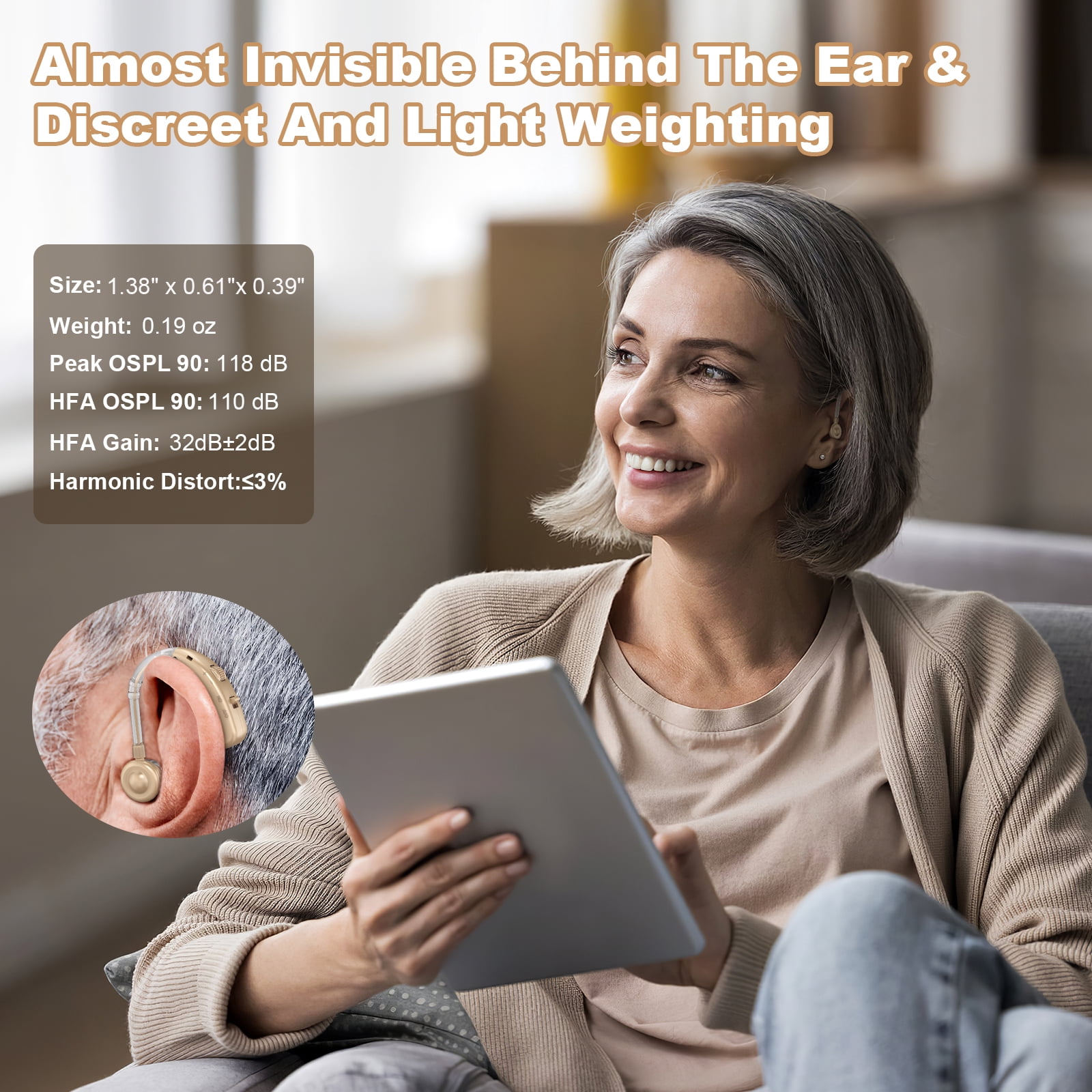 Hearing Aids for Seniors, Hearing Aids Rechargeable with Noise Cancelling and Volume Control, Hearing Amplifier for Adults Hearing Loss, Portable Behind-the-Ear Hearing Aid Headphones (Beige)