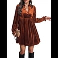 thumbnail image 3 of Vestido Elegante Retro Corto Holgado con Escote en V y Larga de Terciopelo de Color Liso para Mujer, Ropa de Moda para Otoño e Invierno. Naranja M, 3 of 9