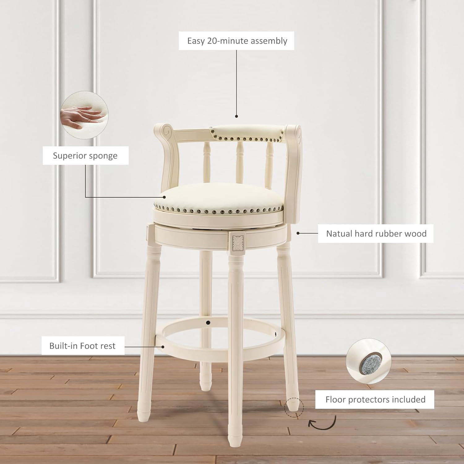 Aulife Bar Stools Genuine Leather Counter Height barstool Wooden Swivel kitchen Stool with Footrest for Kitchen Dining Room(ivory frame-Navy seat, Counter-29.5" seat height)
