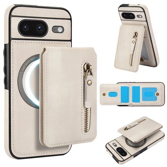 Detachable Strong Magnetic Case for Google Pixel 8, 2-in-1 Zipper Card Slots Wallet Multi-view Kickstand PU Leather Phone Cover - Compatible with MagSafe Wireless Chargers, White