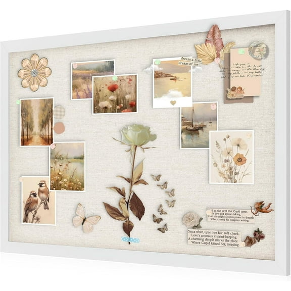 White Cork Board Bulletin Board with Linen, Wood Framed 30" x 20" Corkboard, Office Board for Wall Decor, Wall Mounted Pin Board Picture Board with 20 Pushpins for School, Home & Office