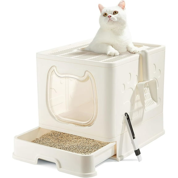 Cat Litter Box with Lid, Covered Top Entry Kitten Litter Pan for Small and Medium Cats, Anti-Splashing Kitty Potty with Slide-Out Litter Tray