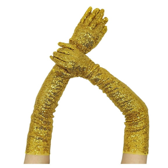 PMVFHDE Sparkly Reflective Gloves for Party Club Performance Event, Stretch Festive Dress Gloves Gold,One Size