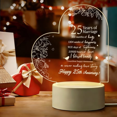 Wedding Gift for Her Marriage Anniversary Present Night Light Clear Crystal Acrylic Heart Keepsake for Wife Husband Girlfriend Boyfriend (25th Style) LED Light