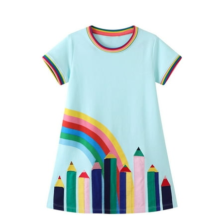 

QUDDERR Baby Kids Girls Crewneck Princess Dresses Rainbow Pencil Print Dress for Toddler Summer Short Sleeve Cotton Sundress for 2-8 Years