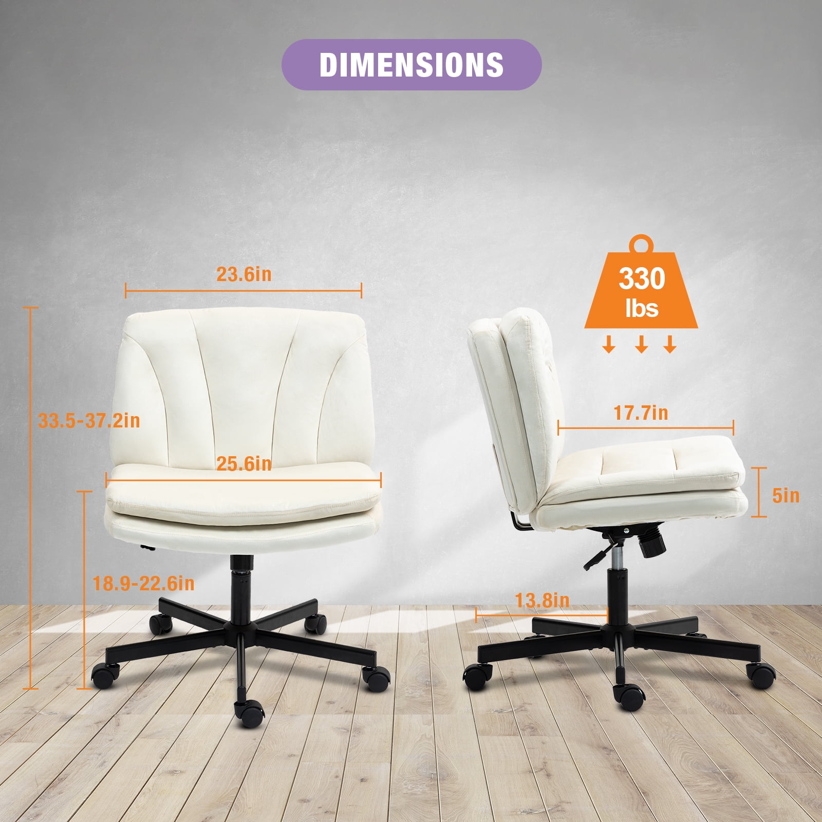 Criss Cross Legged Chair Ergonomic Home Office Desk Chair with Casters, Armless Wide Comfy Computer Task Seat Swivel Rolling Vanity Chair with Height Adjustable and Rocking Function, Beige