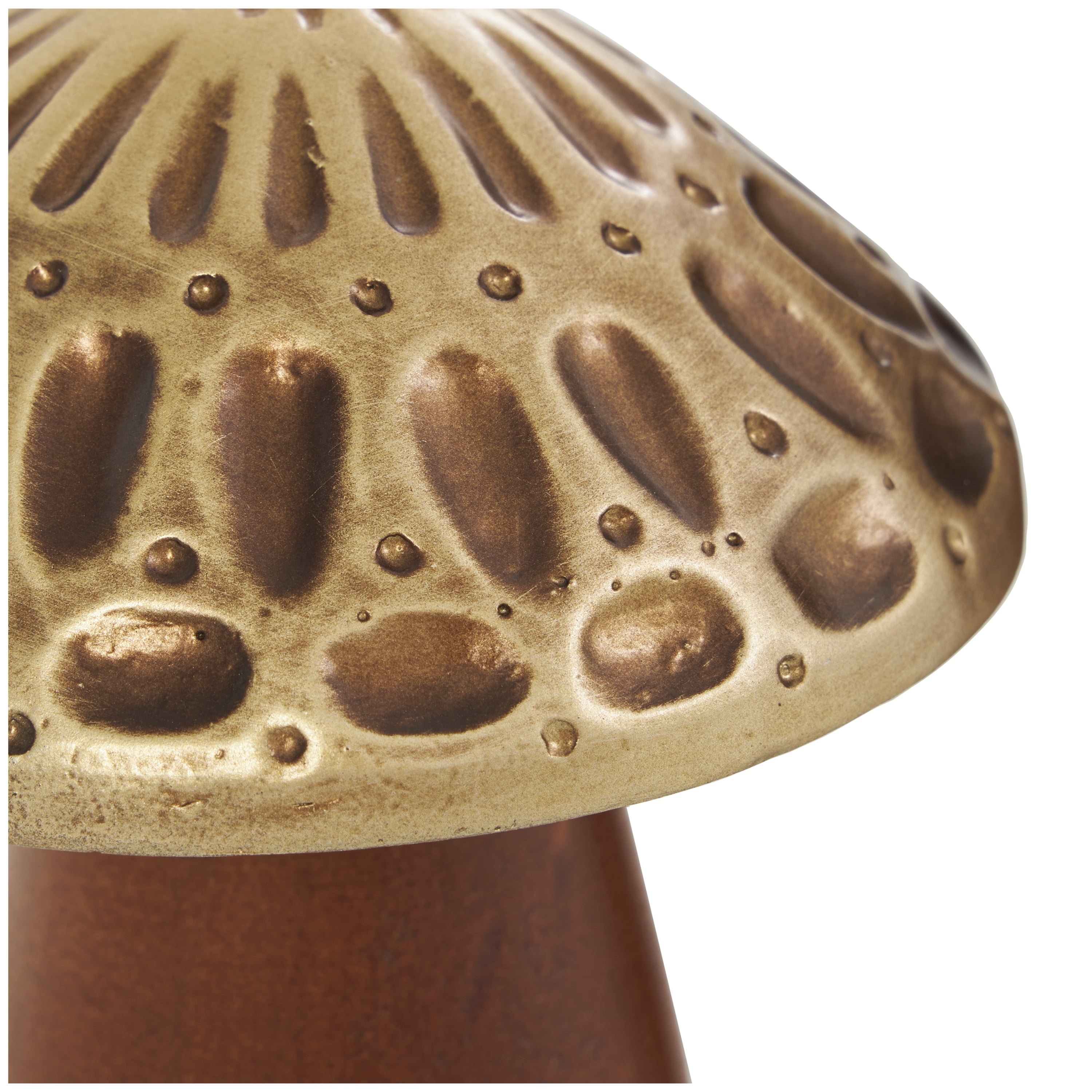 7", 6", 5"H Brown Wood Mushroom Sculpture with Gold Tops and Groove Patterns, by DecMode (3 Count)