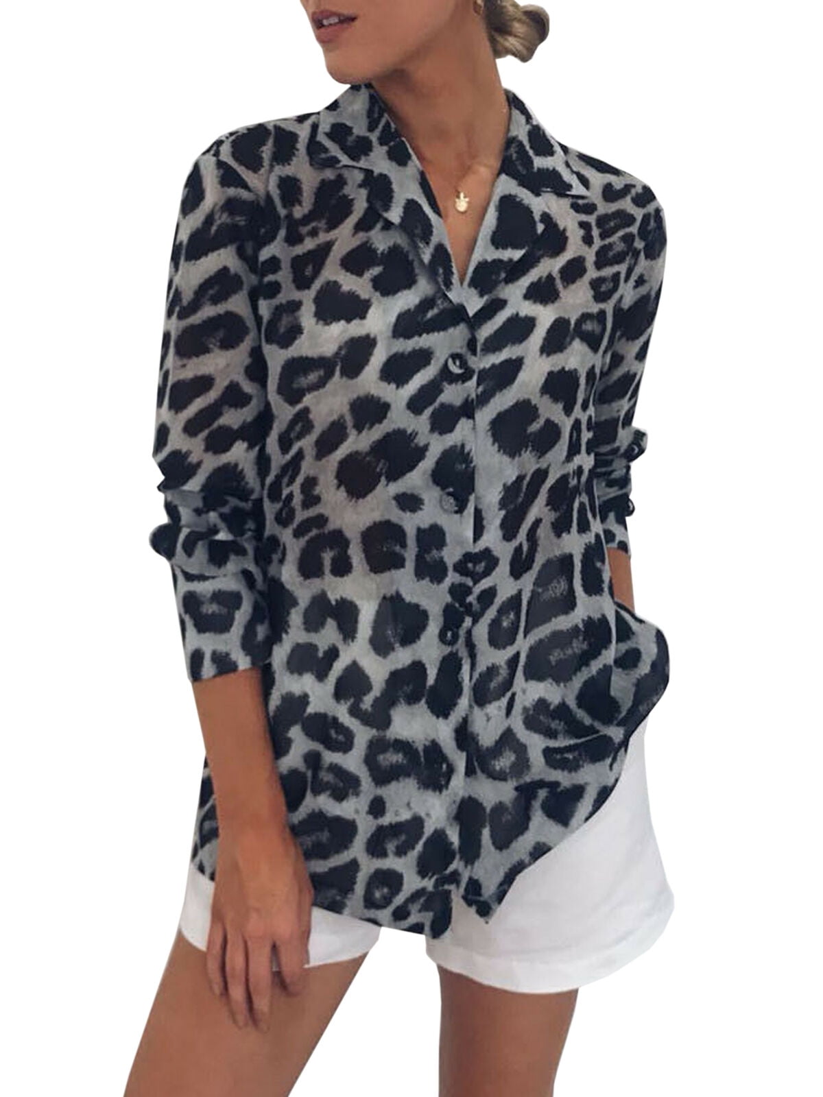 Women Leopard Print Long Sleeve Blouses Autumn Casual V Neck Loose Tops ...