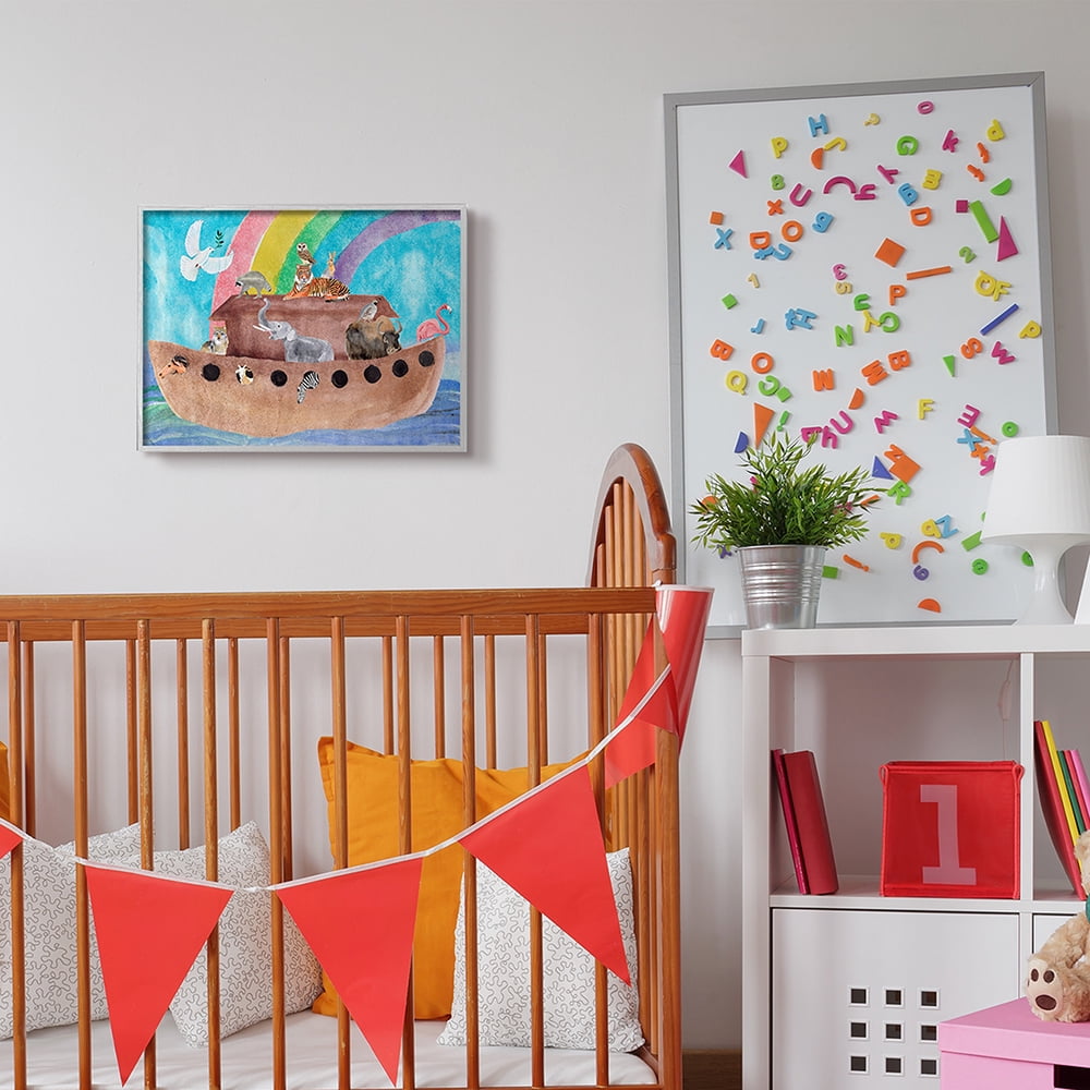 Stupell Industries Cute Animals Watercolor Noah's Ark Under Rainbow Gray Framed by Alica Ludwig