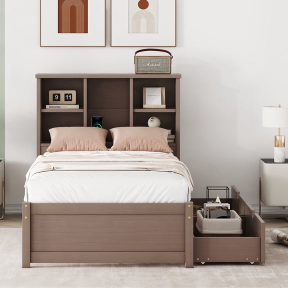 Twin Size Bed Frame with Bookcase Headboard and USB Charging Port, Modern Wood Platform Bed with 2 Under-Bed Storage Drawers, No Box Spring Needed, Walnut Finish