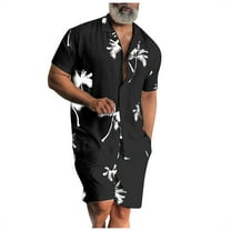 Stamzod Men Sets Outfits 2 Piece Hawaiian Short Sleeve Tops  shorts Beach Stand-up Collar Shirt Printed Summer Casual Shirts Suit Black XXL