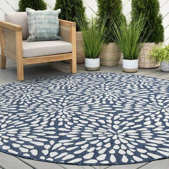 6ft Round Water Resistant, Indoor Outdoor Rugs for Patios, Front Door Entry, Entryway, Deck, Porch, Balcony | Outside Area Rug for Patio | Navy, Floral | Size: 5'3'' Round