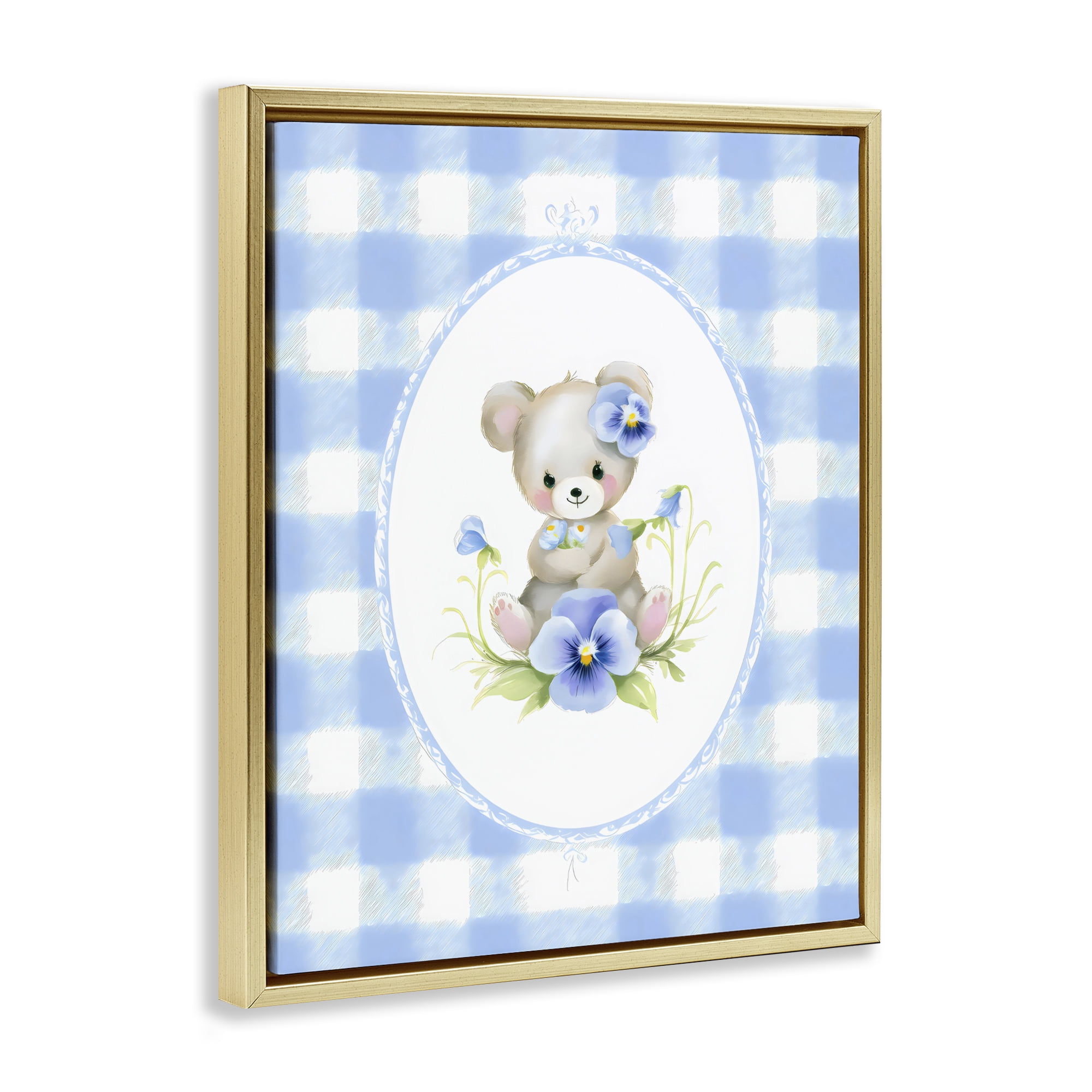 Stupell Industries Little Bear Blue Gingham Gold Framed Floater Canvas Wall Art, design by Arlington Prints