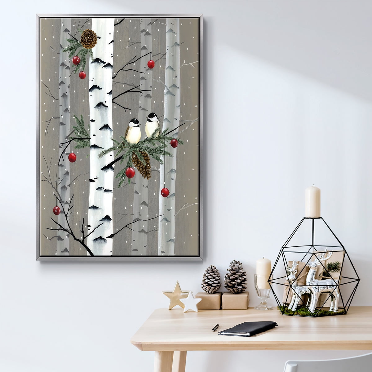 Birch Birds I - Framed Gallery Wrapped Holiday Canvas - 27 x 41 - Silver Frame