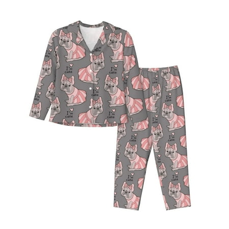 Pajamas for Women Set - Cute French Bulldog Pink Skirt Comfy Long Sleeve Button Up Pajama Sets for Women 2 Piece  Soft Sleepwear Nightwear Pjs Lounge Sets for Women with Pockets