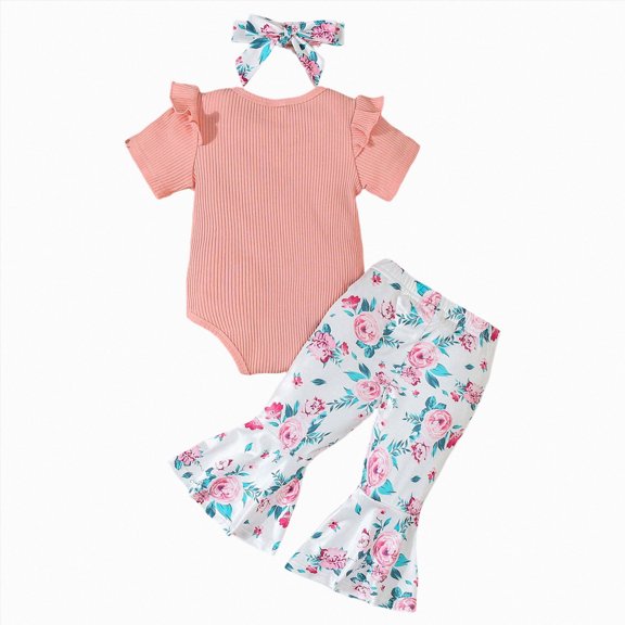 CAICJ98 Newborn Baby Girls Fall Clothes Summer Outfits Mommy is My Bestie Letter Print Short Sleeve Romper Floral Pants Headband Set Infant Outfits for Girls (Pink,6-12 Months)