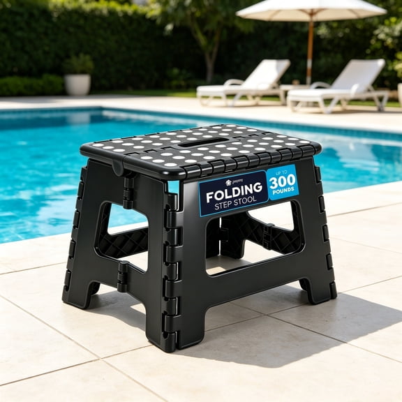 JONPONY Folding Step Stool, 9 inch Non-Slip Foldable Stools Up to 300 LBS, Step Stool with Handle, Lightweight for Kitchen, Bathroom, Bedroom, Garden, Black, 1PC