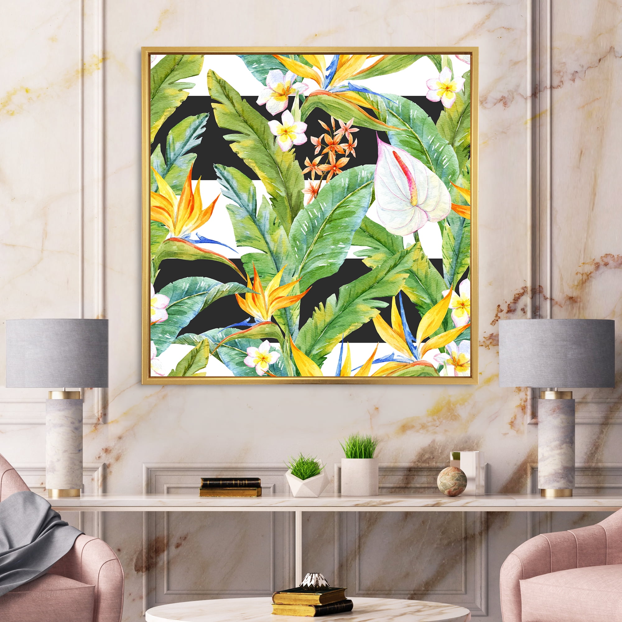 Yellow Flowers and Tropical Foliage IV 30 in x 30 in Framed Painting Canvas Art Print, by Designart