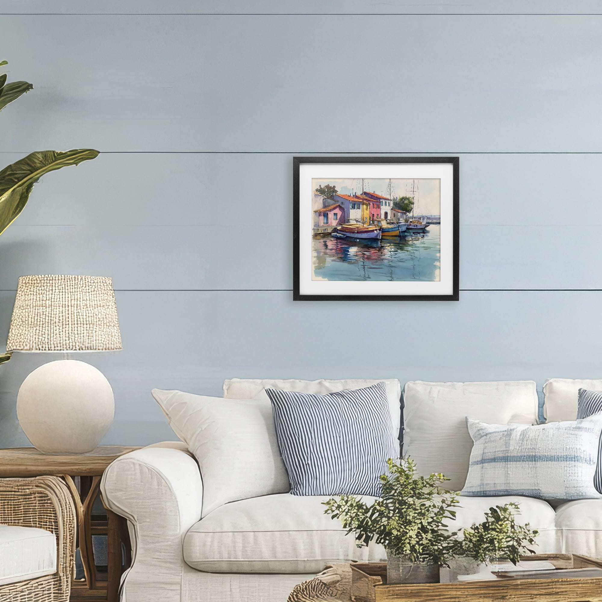 Stupell Industries Colorful Docks Harbor Black Framed Print Under Glass, design by Franklyn Gregory