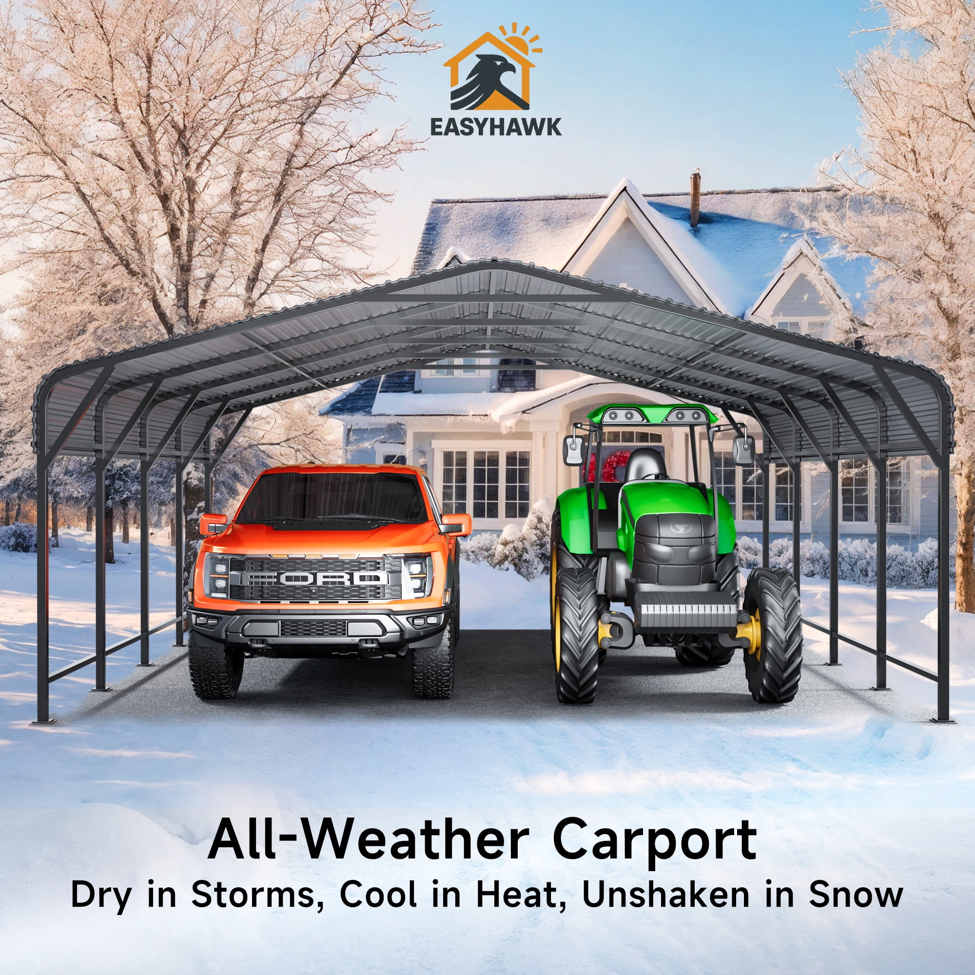 EASYHAWK 20x20 FT Heavy Duty Galvanized Steel Carport - Outdoor Metal Carport Vehicle Shelter for Cars, Trucks, SUVs, Boats & Tractors