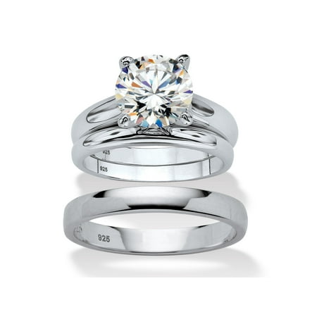 Trio Wedding Ring Sets - Round Cubic Zirconia 3-Piece His and Hers Trio Wedding Ring Set 3 TCW in Sterling Silver
