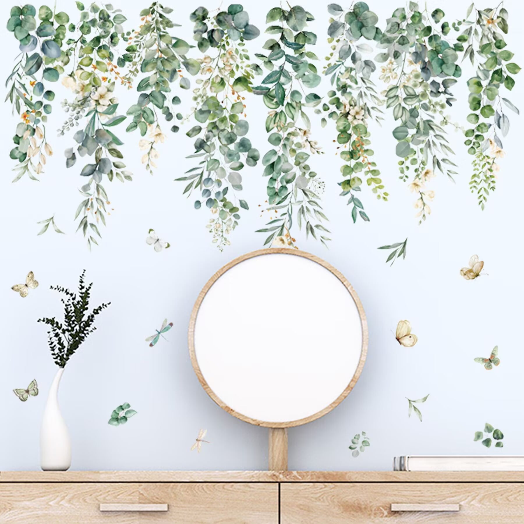 Hanging Green Leaves Wall Decals Hanging Vines Plants Leaves Peel and Stick Wall Art Stickers,Living Room DIY transparent stickers Peel and Stick Removable Home Decor Bedroom Sofa TV Wall Art Decorat