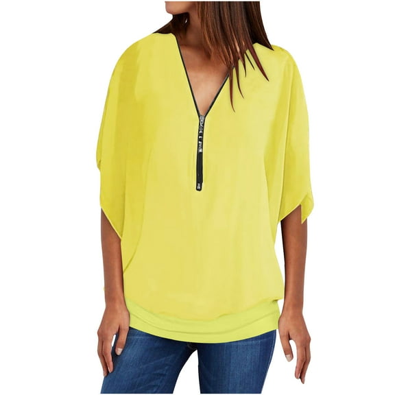 Lmnyox Summer Flowy Shirt Lightweight Short Sleeve V Neck T Shirt Loose Casual Solid Color Basic Blouse