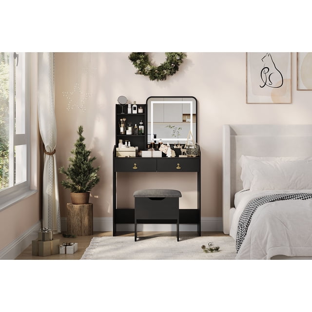 Makeup Vanity Table with LED Lighted Mirror, Vanity Table Set with 2 Drawer & Charging Station, Small Vanity Desk Set with Storage Stool, Femal Gift