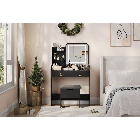 Makeup Vanity Table with LED Lighted Mirror, Vanity Table Set with 2 Drawer & Charging Station, Small Vanity Desk Set with Storage Stool, Femal Gift