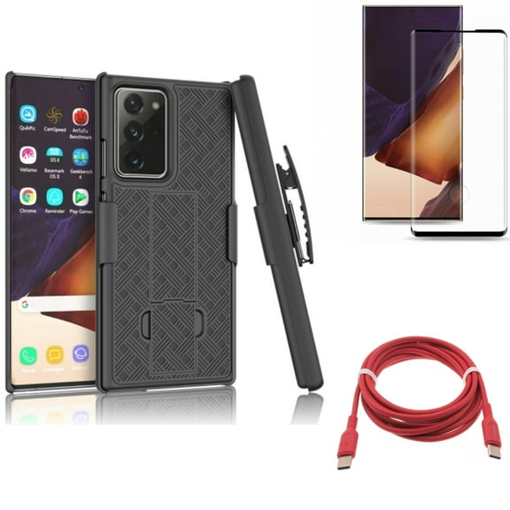 Screen Protector & Case Belt Clip & Red 6ft Long Cable for Samsung Galaxy Note 20 Ultra (6.9") - Combo with Tempered Glass (Fingerprint Unlock) & Holster Swivel & USB-C to Type-C PD Fast Charger