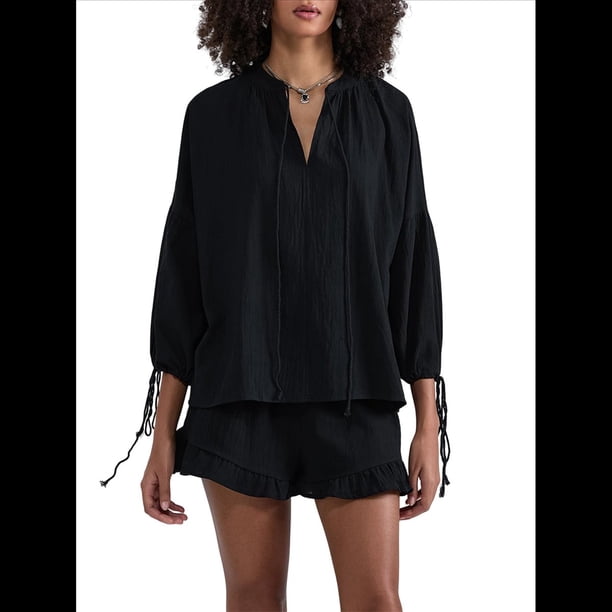 Conjunto de Dos Piezas para Mujer: Top de Larga con Lazo y Bóxer con Volantes Conjunto Informal A Juego Negro S