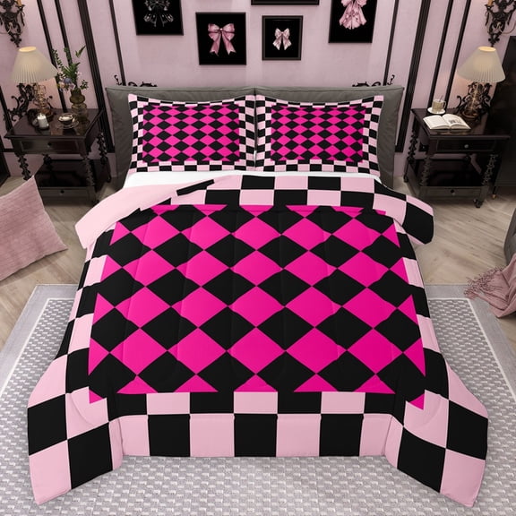 Manfei Female Men Minimalist Plaid Grid Bedding Comforter Set 2pcs,Vintage Aesthetic Twin Comforter Sets Microfiber,Mid Century Geometric Breathable Bedding Set,Microfiber Bedroom Decor,Reversible